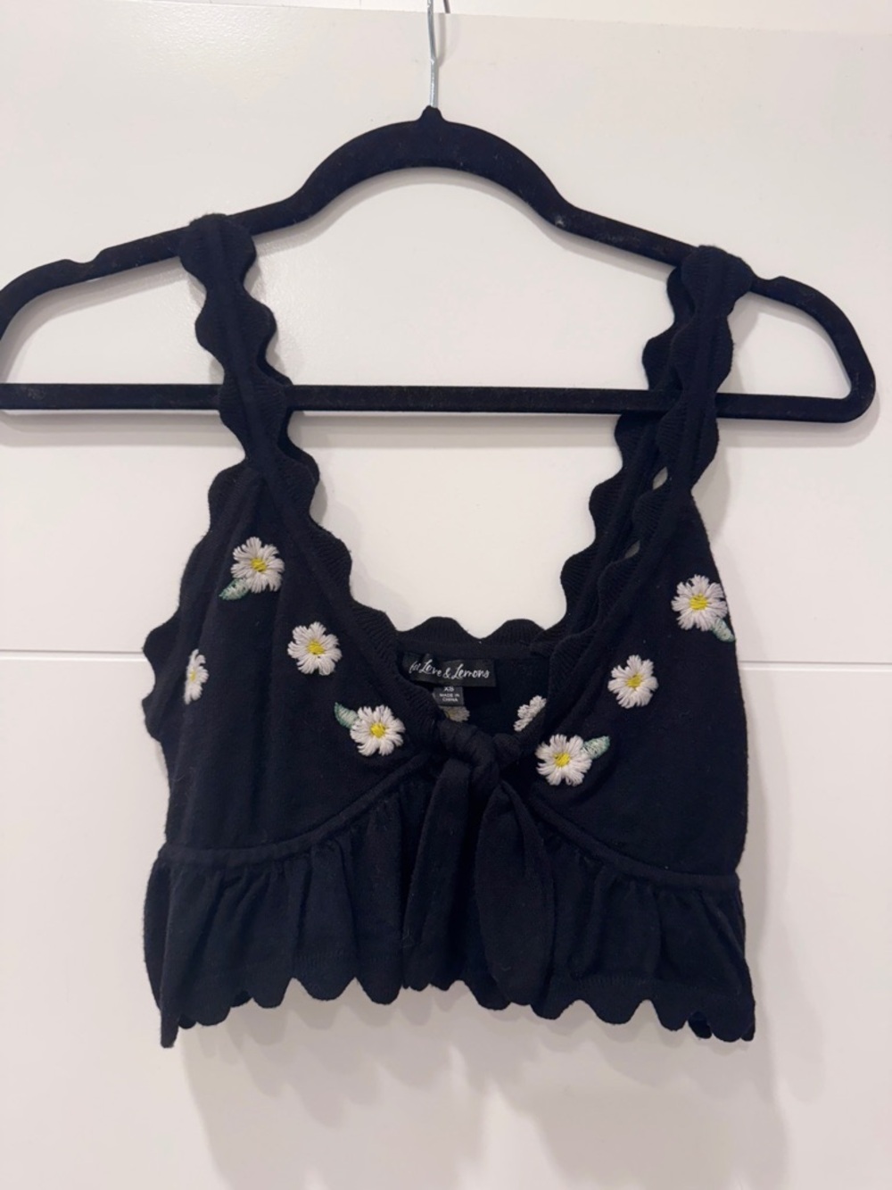 For Love & Lemons Black Embroidered Daisy Tie-Front Scallop Crop Top
